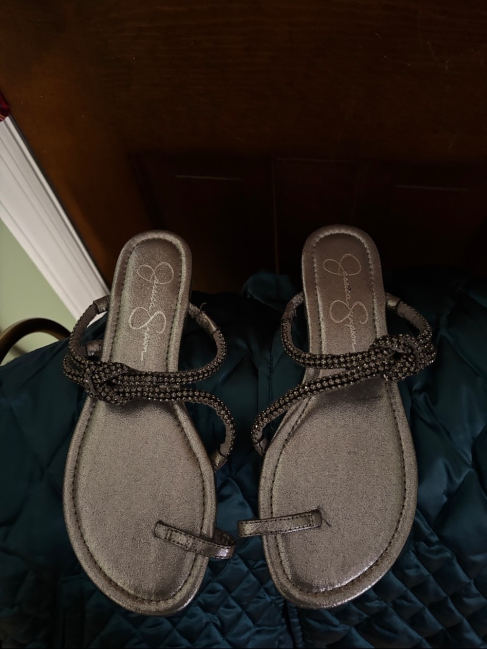 Jessica Simpson Gunmetal Beaded Slide Sandals